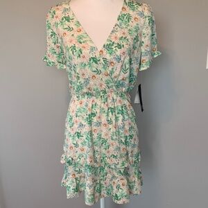 NWT-As U Wish Green, White & Yellow Floral Wrap Mini Dress